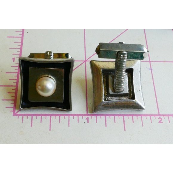 Moderniest MCM Sterling Silver & Pearl Jewelry Set Cufflinks Tie Bar Signed V - Picture 11 of 11